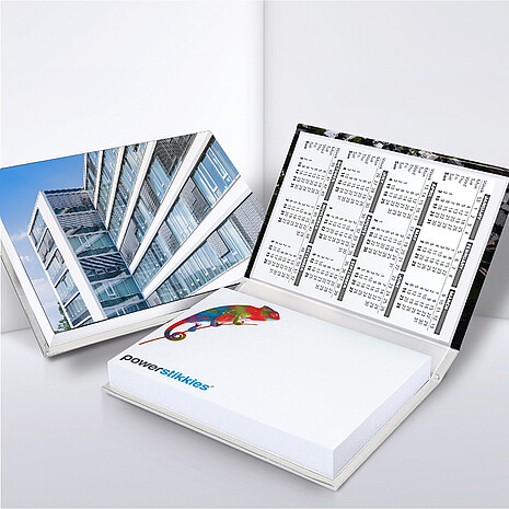 White adhesive note pad with chameleon print in hard cover with calendar print
