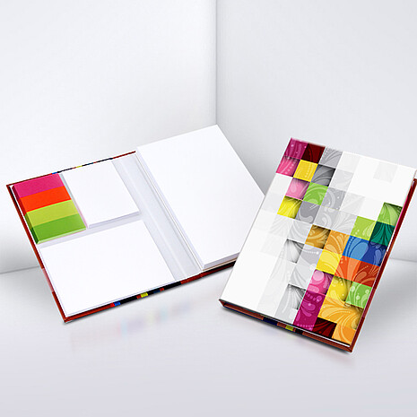 Three white adhesive note pads with four multi-coloured paper markers in printed hard cover