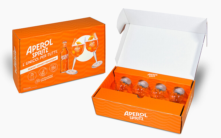 Inside the packaging (Aperol Spritz): Precisely fitting cardboard inserts secure the glasses and reliably protect against breakage during transit. (c) Karl Knauer KG