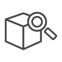 Grey icon of a cardboard box with magnifying glass in front of it
