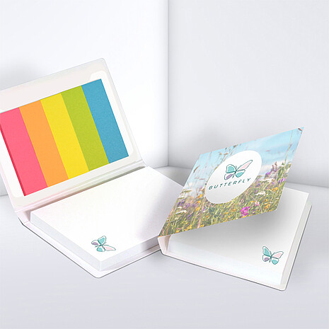 White adhesive note pad with five multi-coloured paper markers in printed cardboard cover
