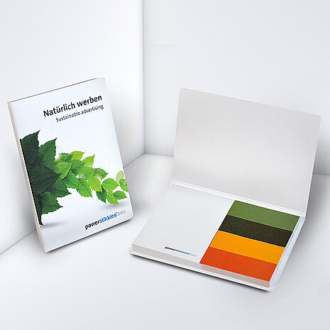 Recycling adhesive note pad with four multi-coloured paper markers in cardboard cover with green printed leaves