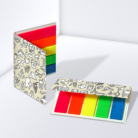 Five multi-coloured plastic markers in printed cardboard cover