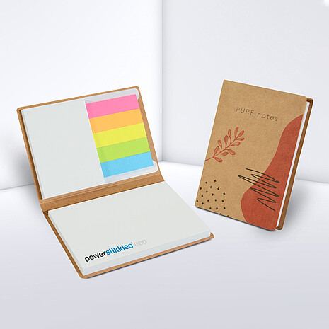 Two white adhesive note pads with five multi-coloured paper markers in printed cardboard cover