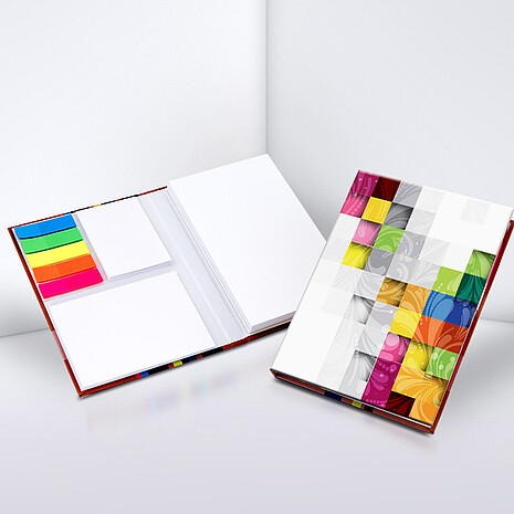 Three white adhesive note pads with five multi-coloured plastic markers in printed hard cover