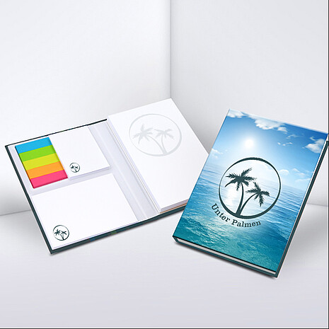Three white adhesive note pads with five multi-coloured paper markers in printed hard cover