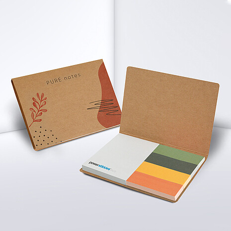 White adhesive note pad with four multi-coloured paper markers in cardboard cover with calendar print