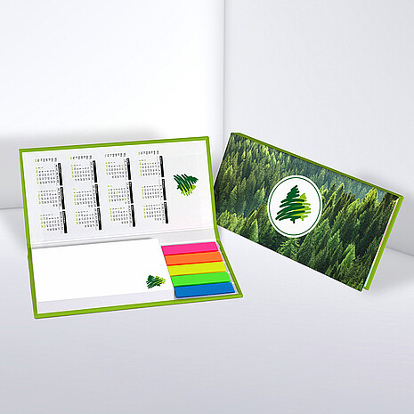 White adhesive note pad with five multi-coloured plastic markers in printed hard cover with calendar print