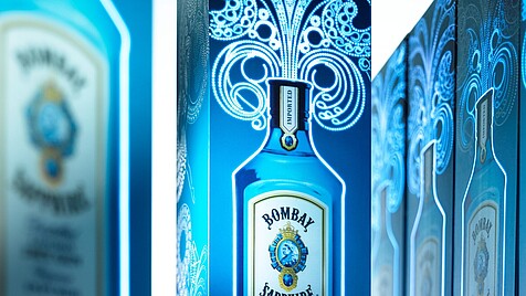 Illuminated packaging for Bombay Sapphire gin in blue