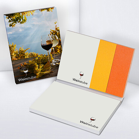 Two white recycling adhesive note pads with two multi-coloured paper markers in printed cardboard cover