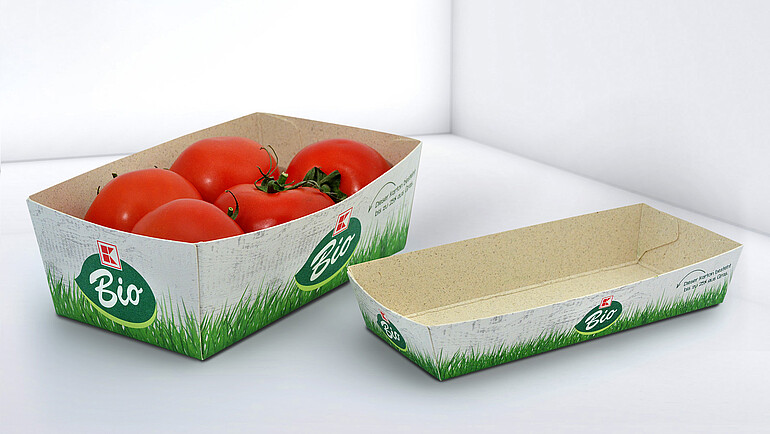 Natural-looking cardboard tray filled with tomatoes