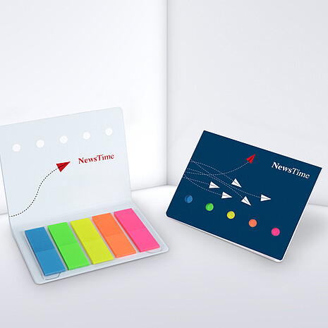 Five multi-coloured plastic markers in printed cardboard cover with punch