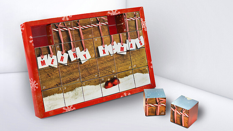 Rectangular advent calendar with cardboard cubes as doors