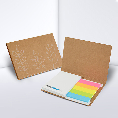 White adhesive note pad with five multi-coloured paper markers in cardboard cover