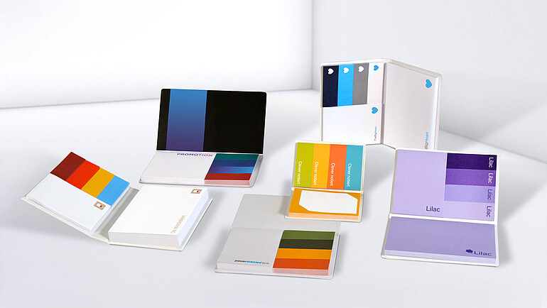 Notepad blocks printed with bright colours and logos