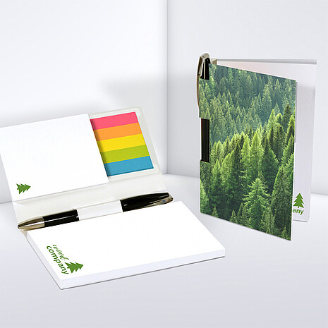 Two white adhesive note pads with five multi-coloured paper markers and ballpoint pen in printed cardboard cover