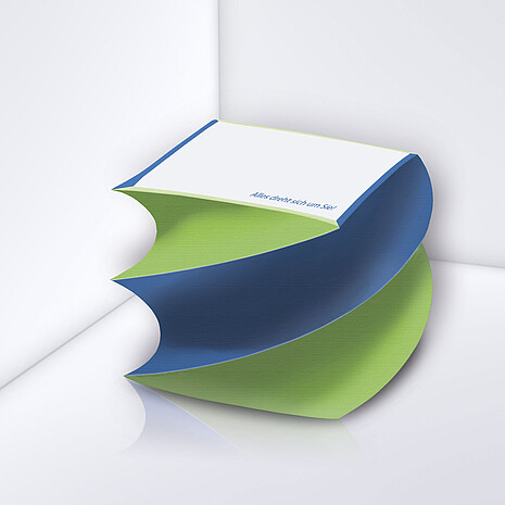 Spiral note cube made from white paper with side print