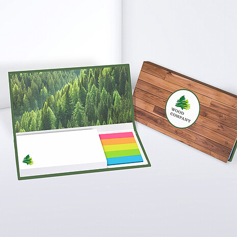 White adhesive note pad with five multi-coloured paper markers in printed hard cover