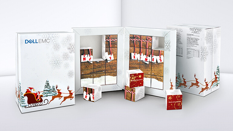 Fold-open advent calendar with cardboard cubes as doors
